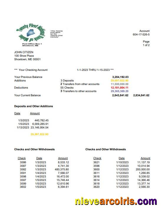 USA Twenty First National Bank of Maine bank statement Word and PDF, 2 pages